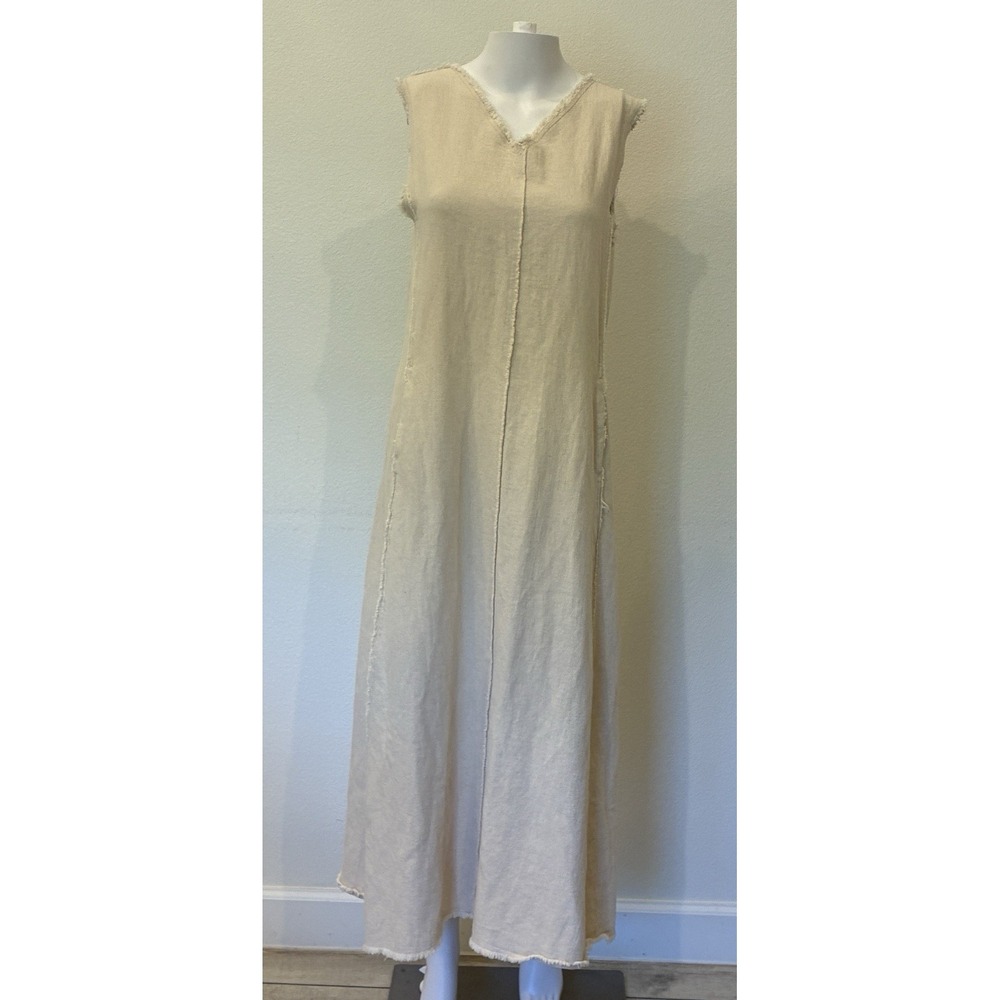 Intique Lagenlook Linen Blend Maxi Dress Size S Oatmeal Sleeveless Minimalist - Picture 2 of 10